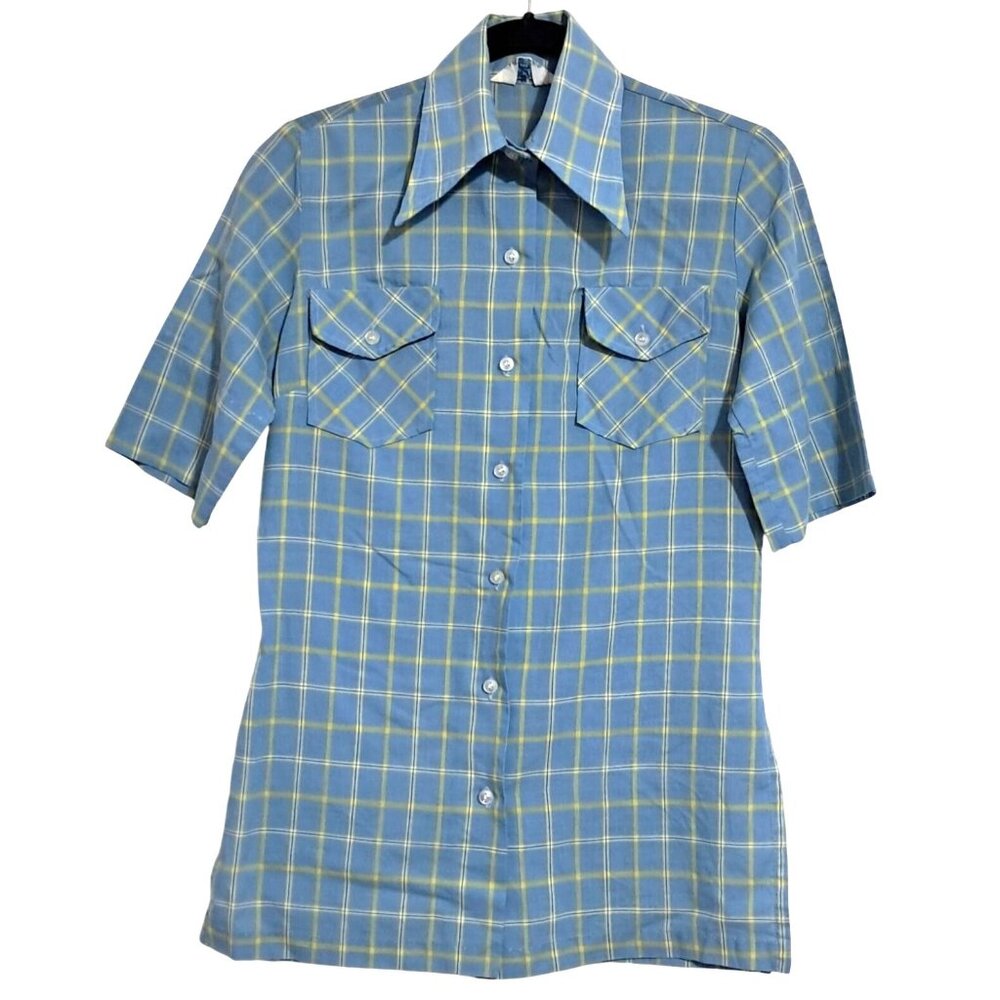 Vintage Dagger Collar Shirt Size M 32 Blue &‎ Yellow Plaid Button-Up Carol Brent